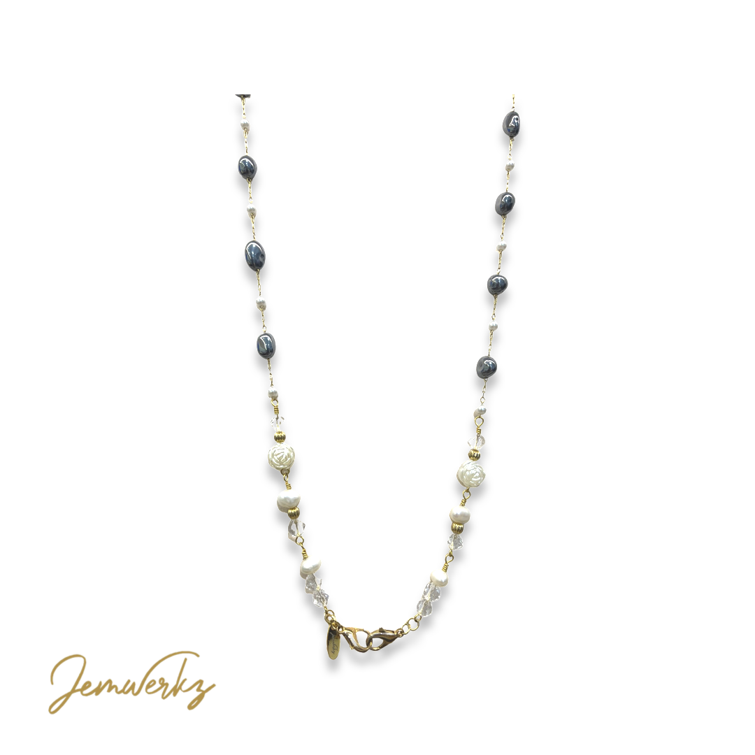 HARRIET - Hematite, Clear Quartz and Freshwater Pearls Mask chain
