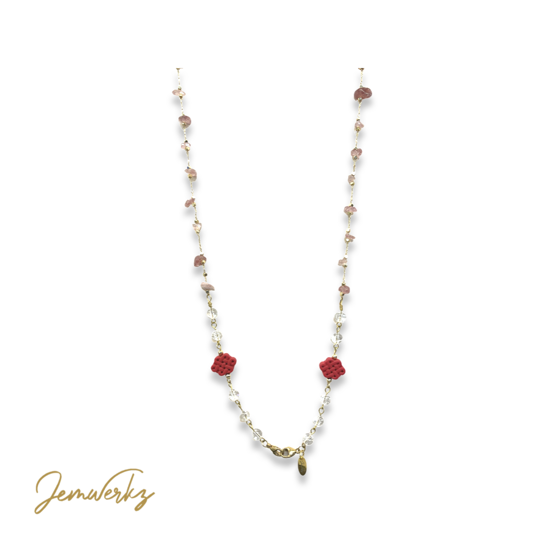 SHERRY - Strawberry Quartz, Clear Quartz and Red Chinese Infinity Knot Mask Chain