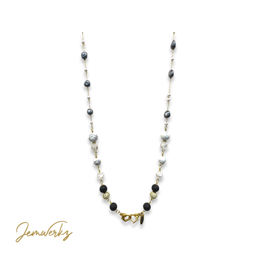 HELOISE - Hematite, Howlite, Crackled Clear Quartz and Lava Stones Mask chain
