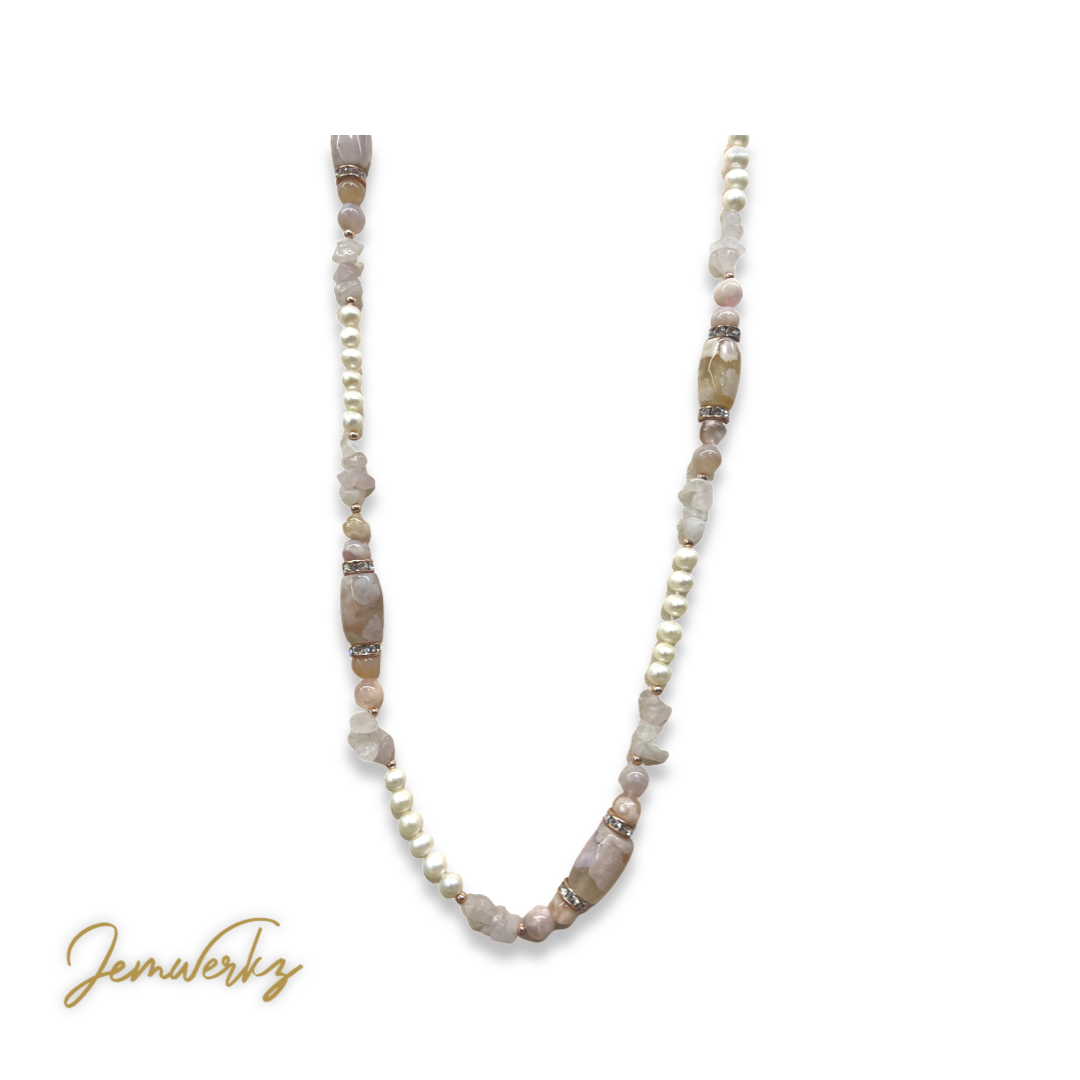 SAKURA - Sakura Agate Barrels, Rose Quartz Chips and Freshwater Pearls Endless Necklace