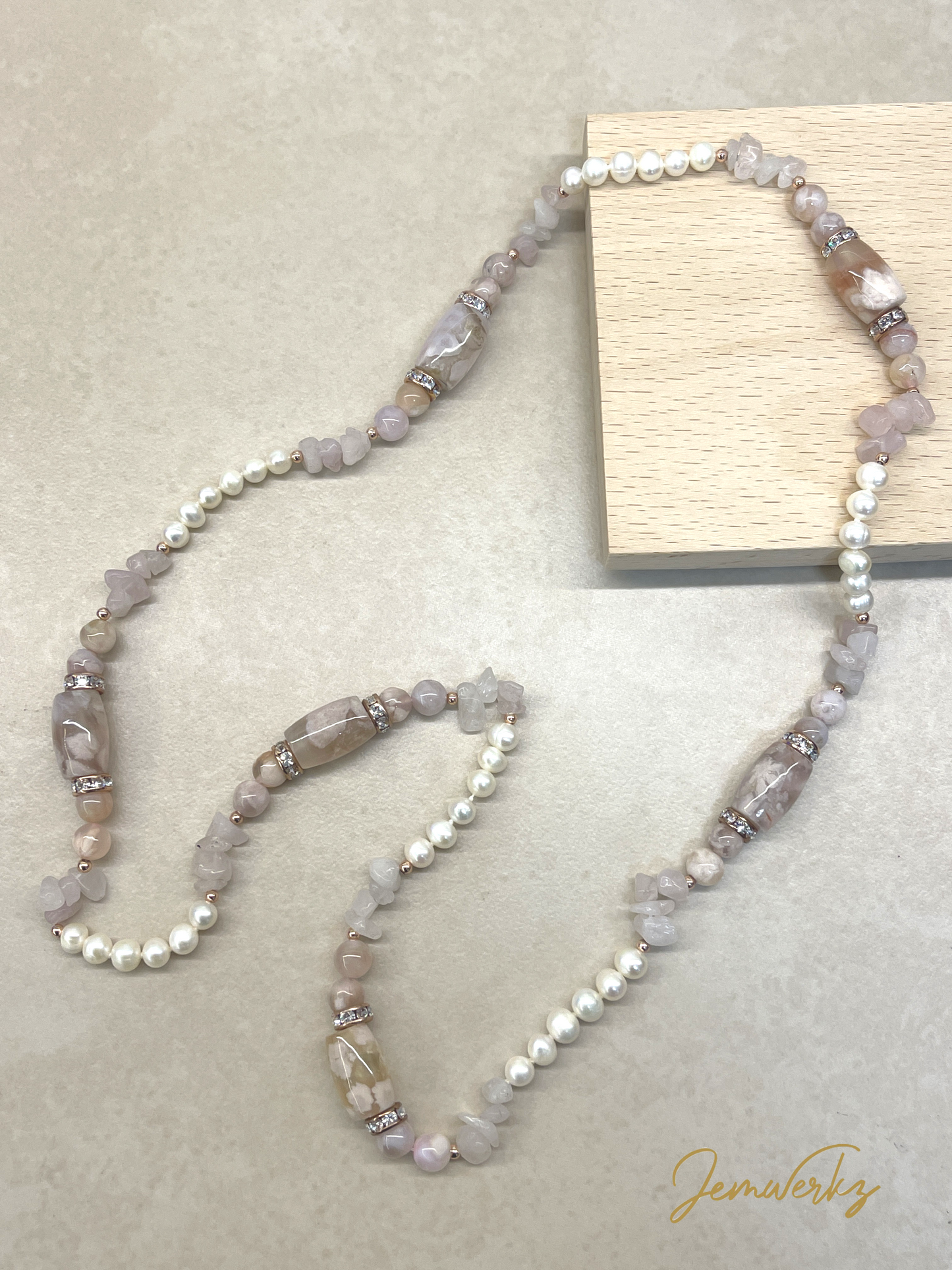 SAKURA - Sakura Agate Barrels, Rose Quartz Chips and Freshwater Pearls Endless Necklace
