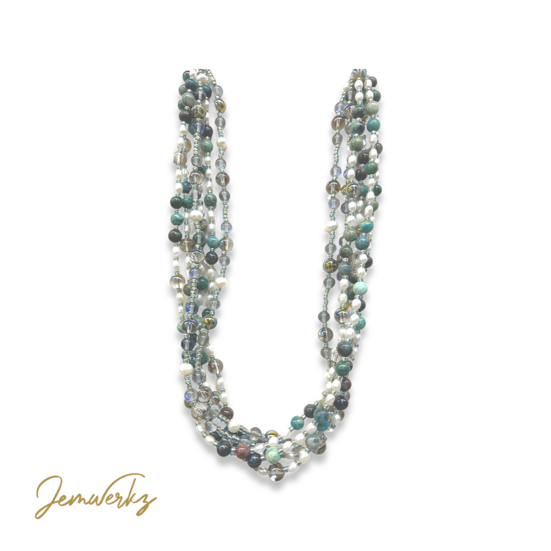 CARLY - Chrysocolla, Freshwater Pearls, Swarovski Crystal Beads Necklace