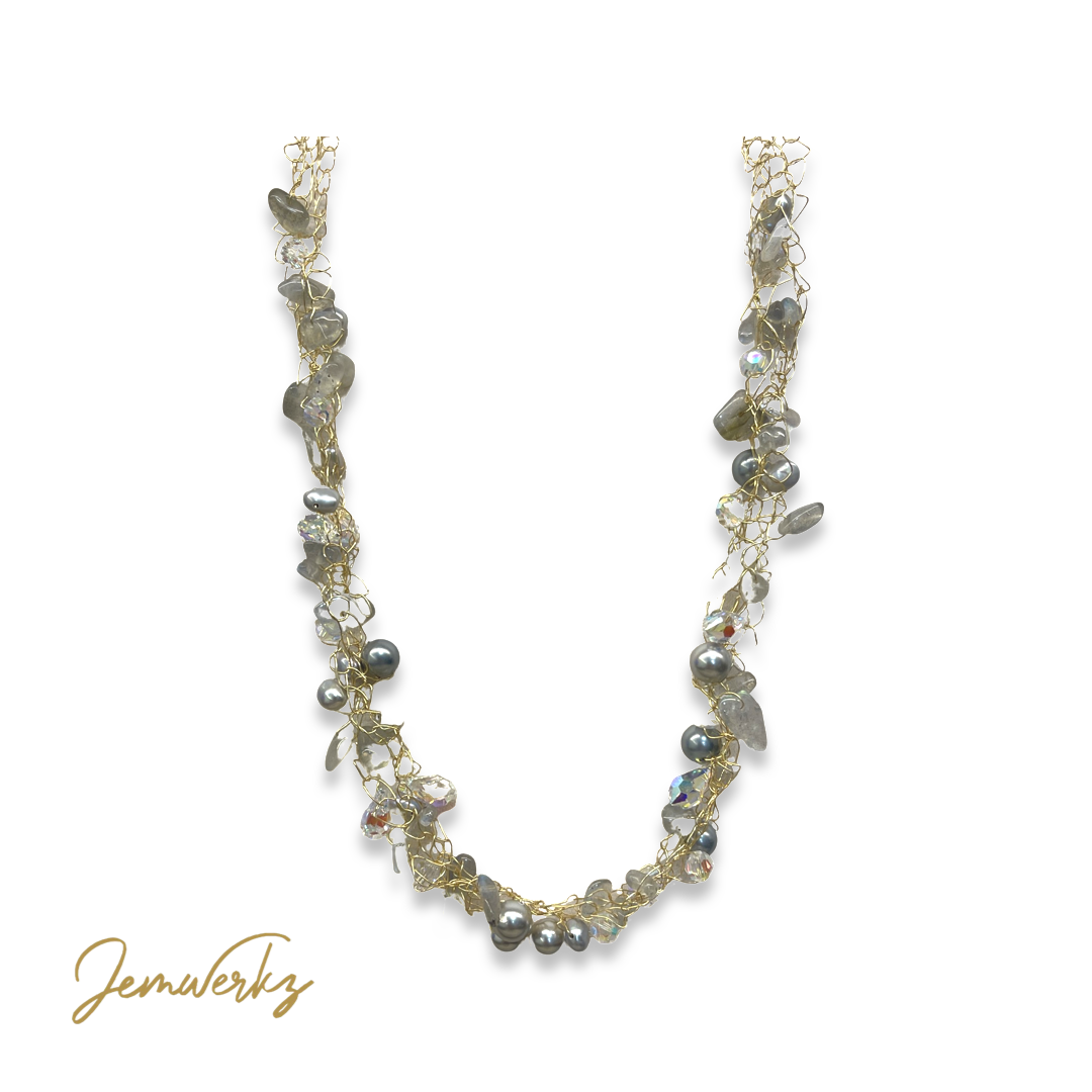 LUVELLE - Wire-crochet Labradorite Chips, Freshwater Pearls and Swarovski Crystals Necklace