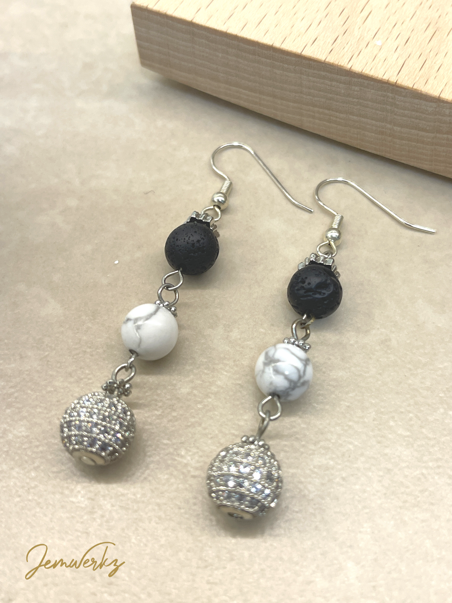 HENLEY - Howlite, Lava Stones and Silver Disco Ball Earrings