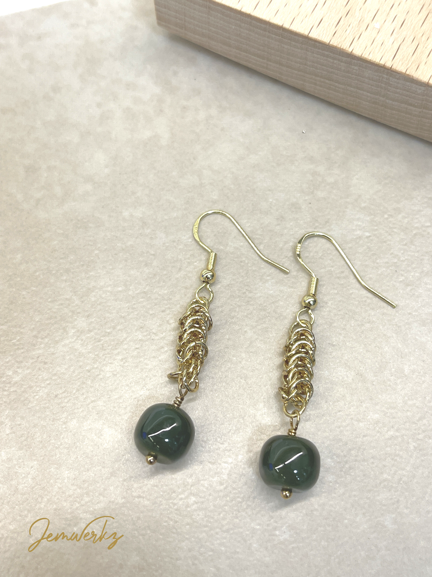 JUNO - Nephrite Jade with Byzantine Chainmaille Earrings