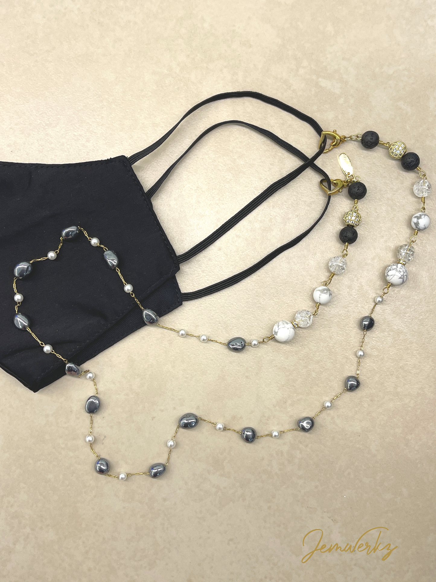 HELOISE - Hematite, Howlite, Crackled Clear Quartz and Lava Stones Mask chain