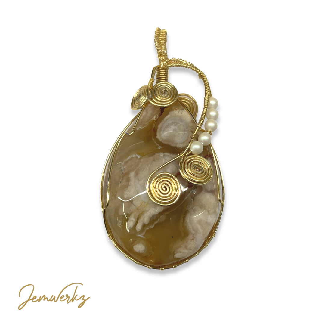 SELENE - Sakura Agate Wire-wrapped Pendant