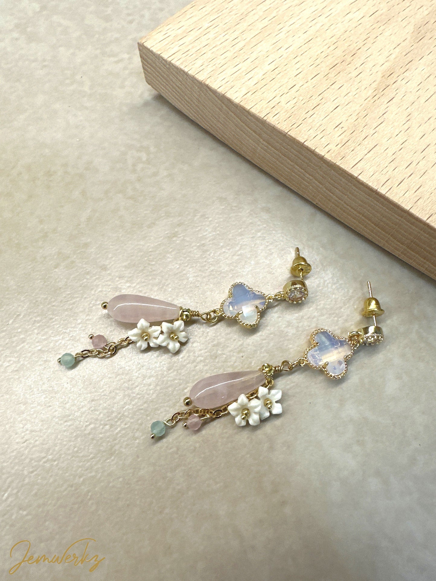 ROBYN - Rose Quartz Teardrop with (Pink/ White) Clover Dangling Charm Earrings