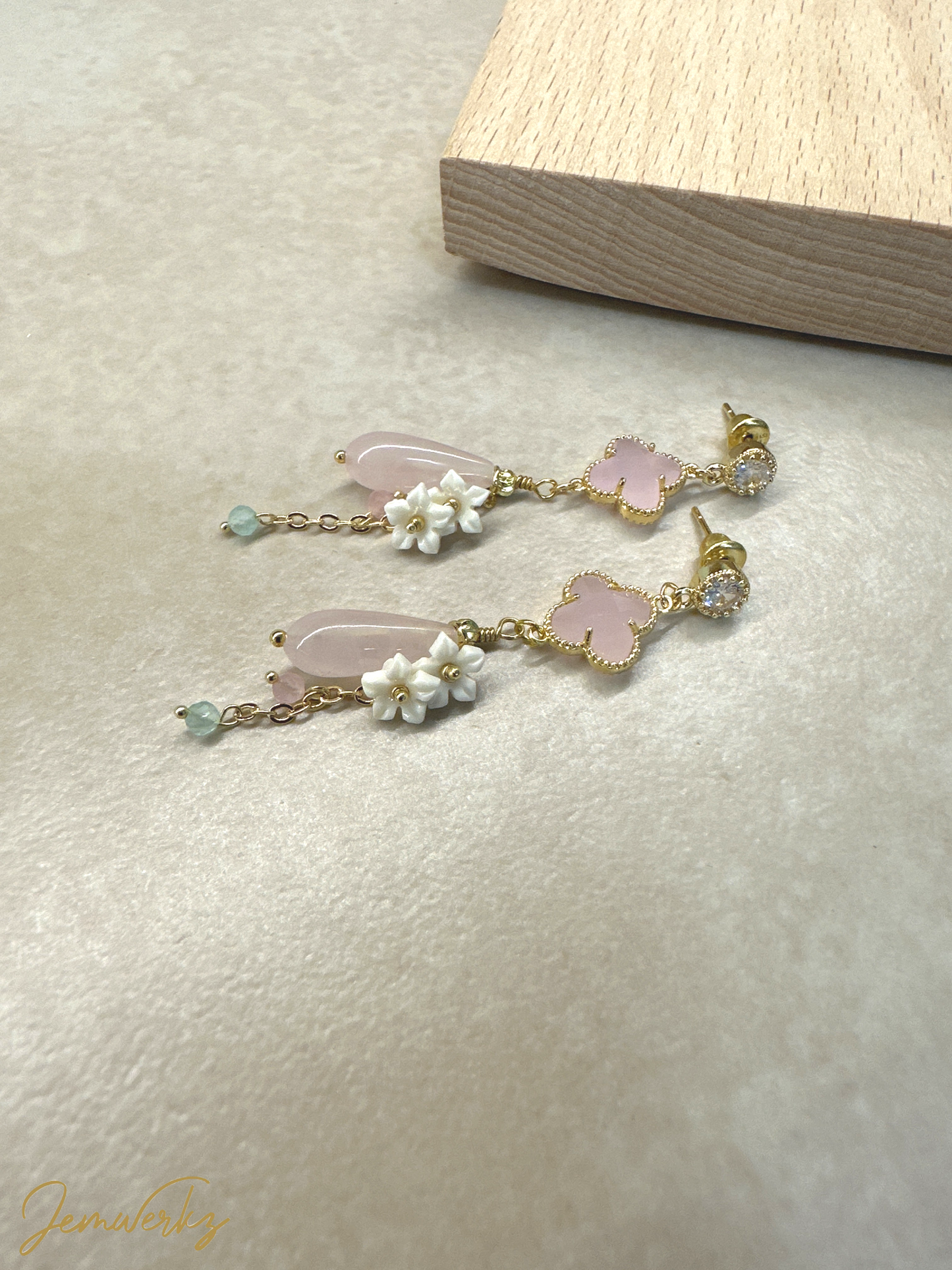 ROBYN - Rose Quartz Teardrop with (Pink/ White) Clover Dangling Charm Earrings