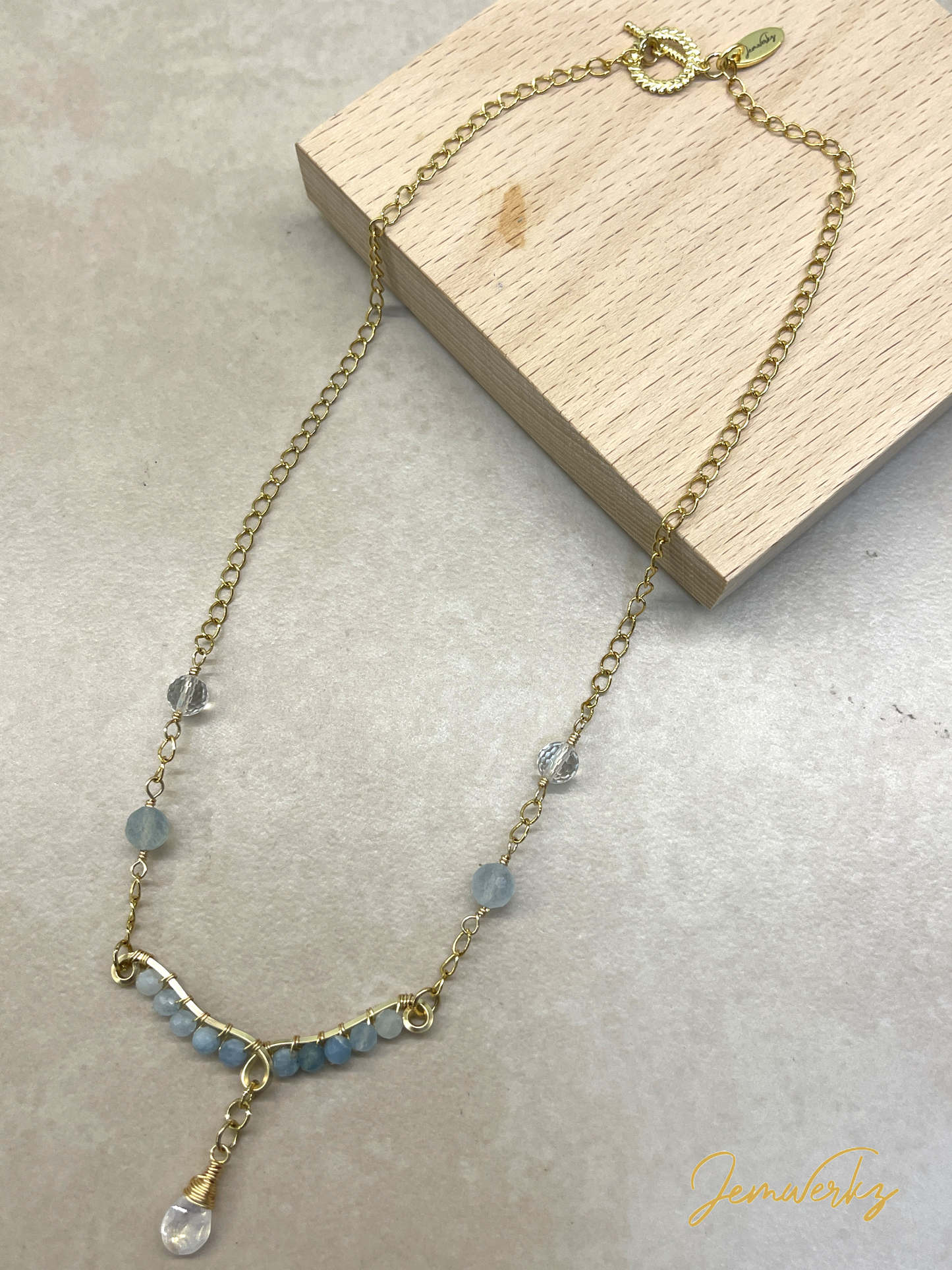 ANETTA - Ombre Faceted Aquamarine, Clear Quartz with Dangling Moonstone Teardrop Necklace