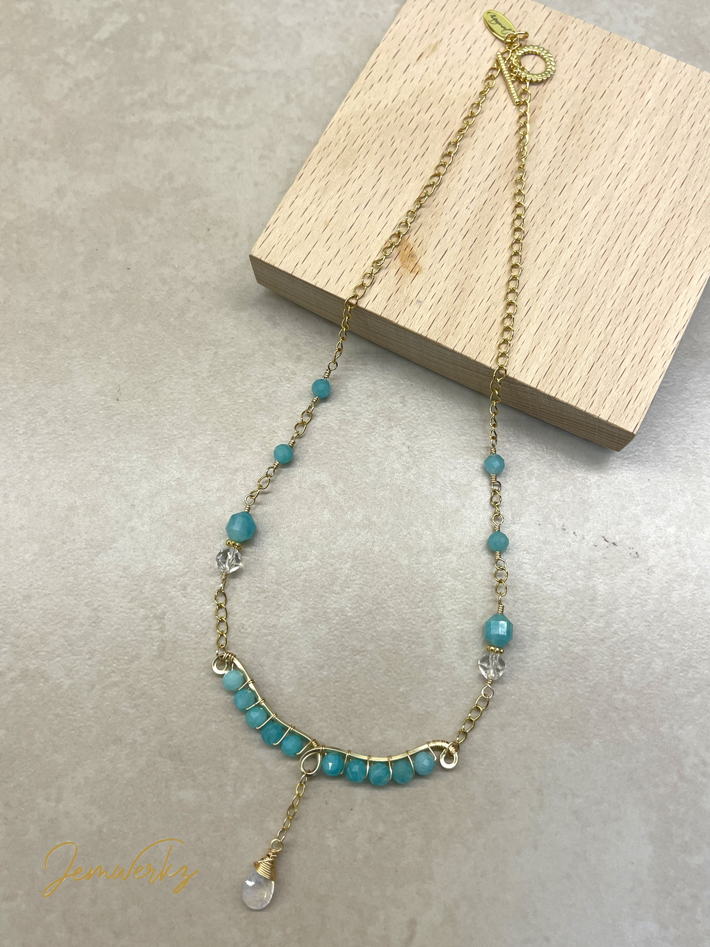 AGNES - Faceted Amazonite and Clear Quartz with Dangling Moonstone Teardrop Necklace