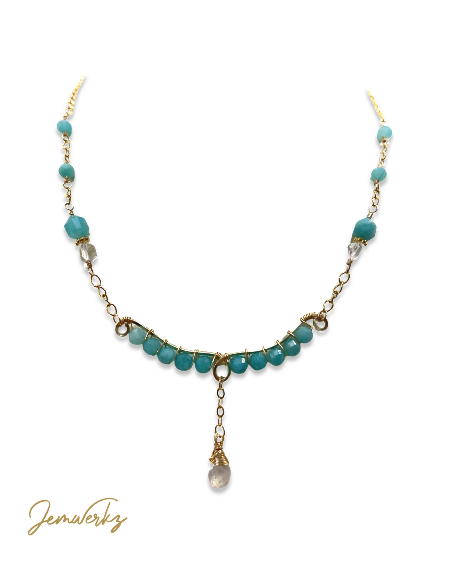 AGNES - Faceted Amazonite and Clear Quartz with Dangling Moonstone Teardrop Necklace