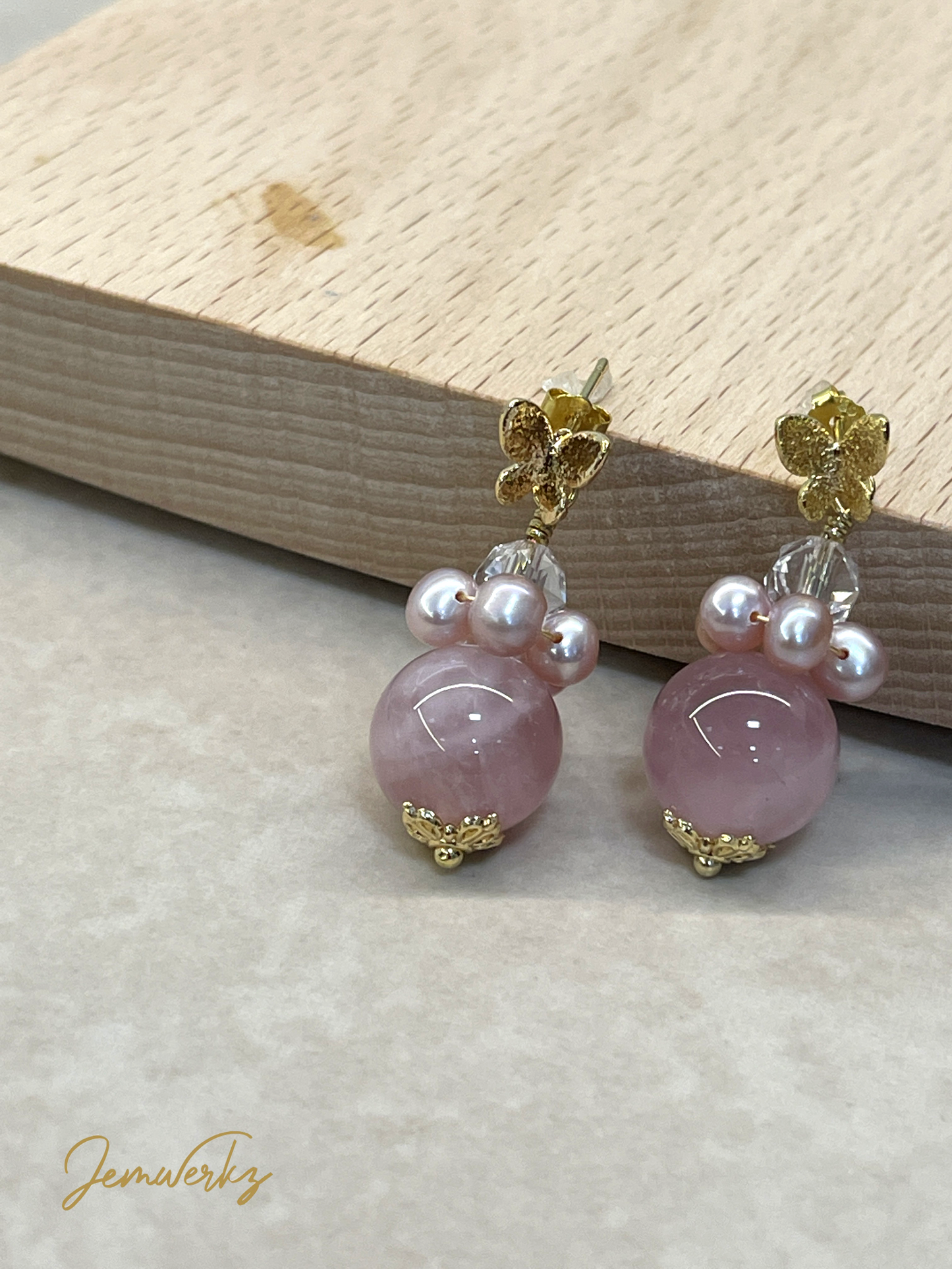 RYOKO - Rose Quartz, Freshwater Pearls and Clear Quartz Earrings