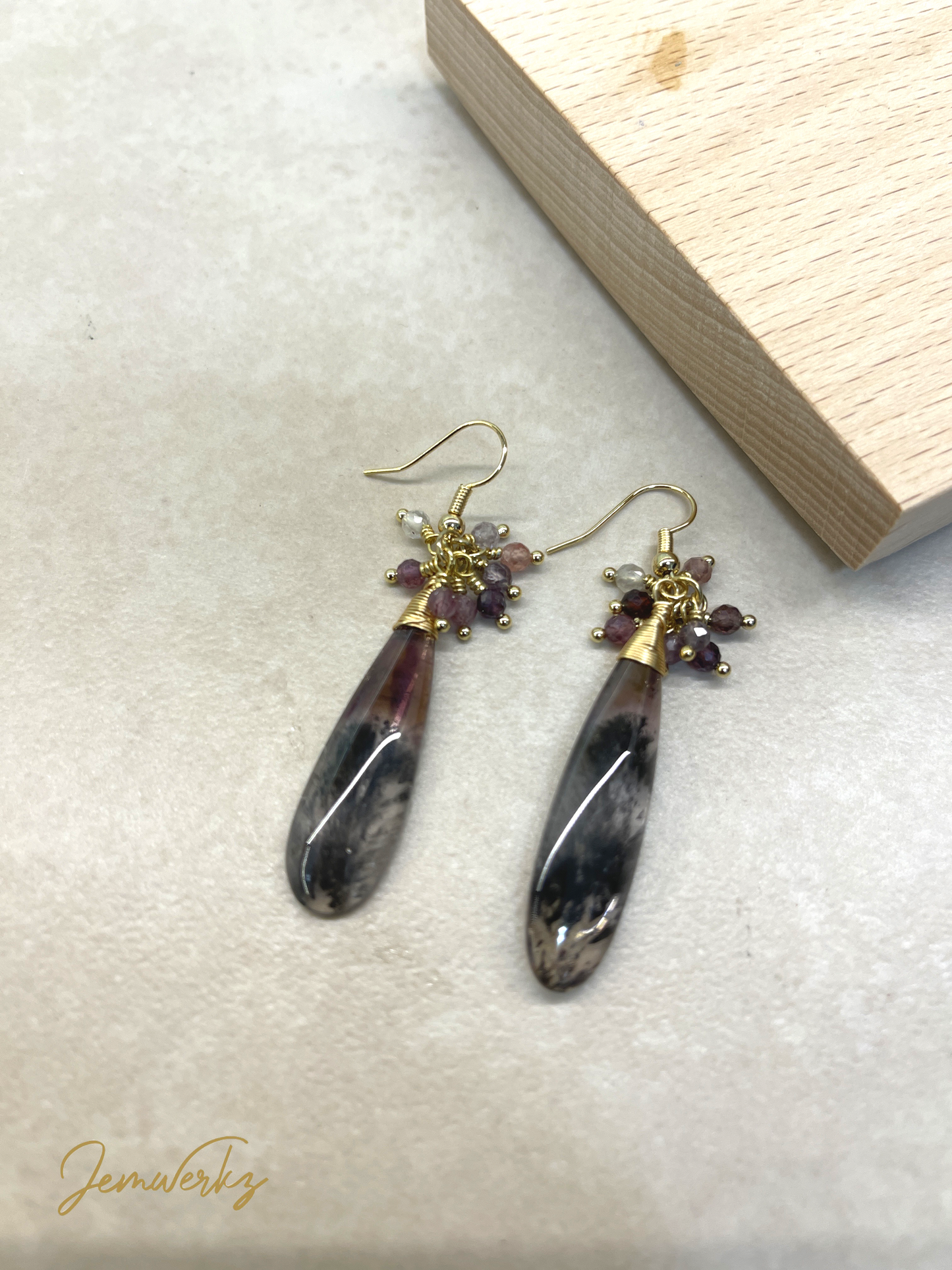 AZUSA - Black Auralite Teardrop Earrings with Faceted Spinel Cluster