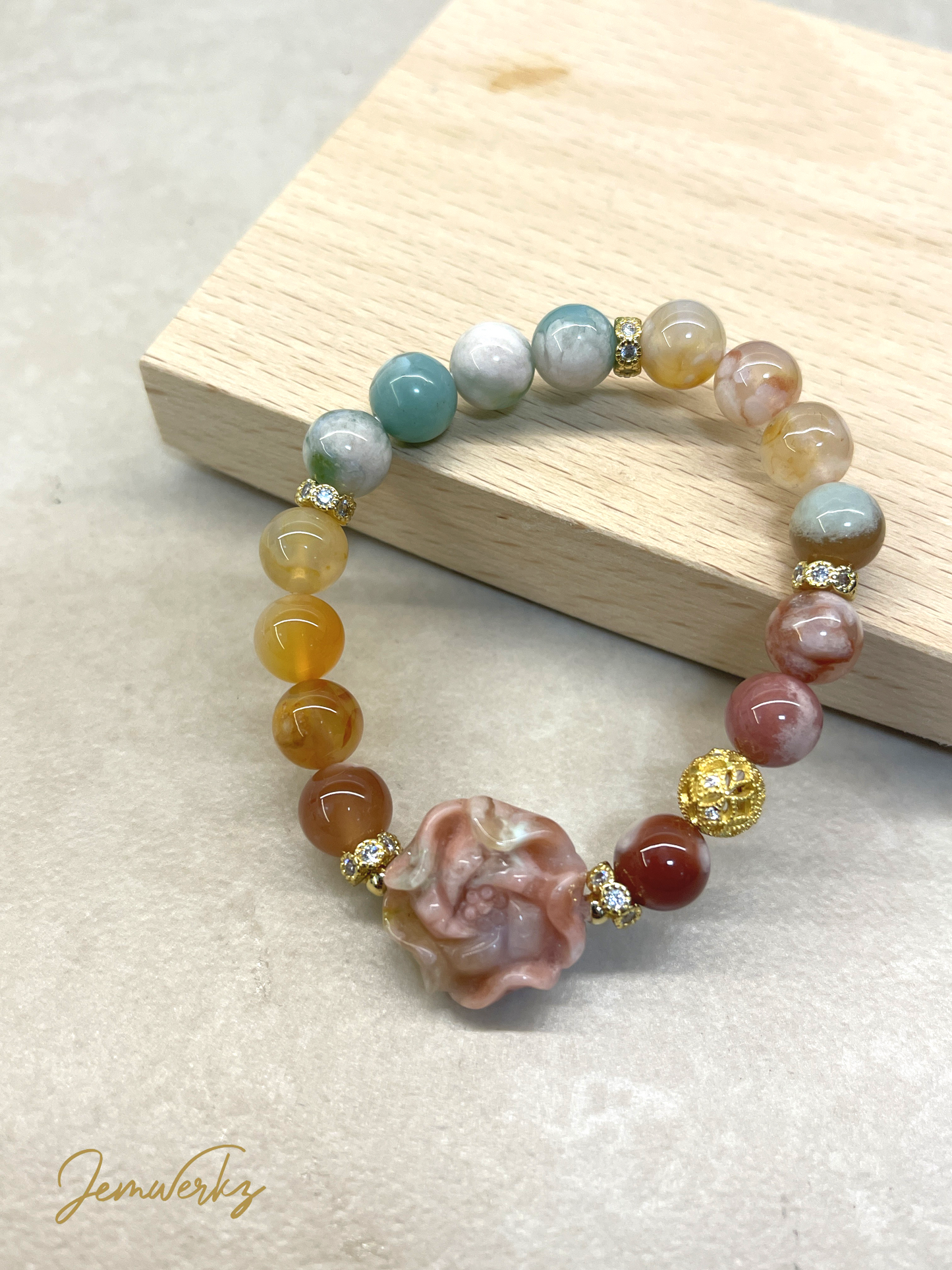 FUYUMI - Sakura Agate Bracelet with Peony Centerpiece