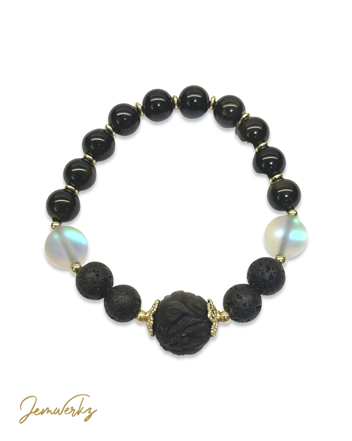 ONORIA - Obsidian Fox Bead, Lava Stones, Aura Beads and Obsidian Bracelet