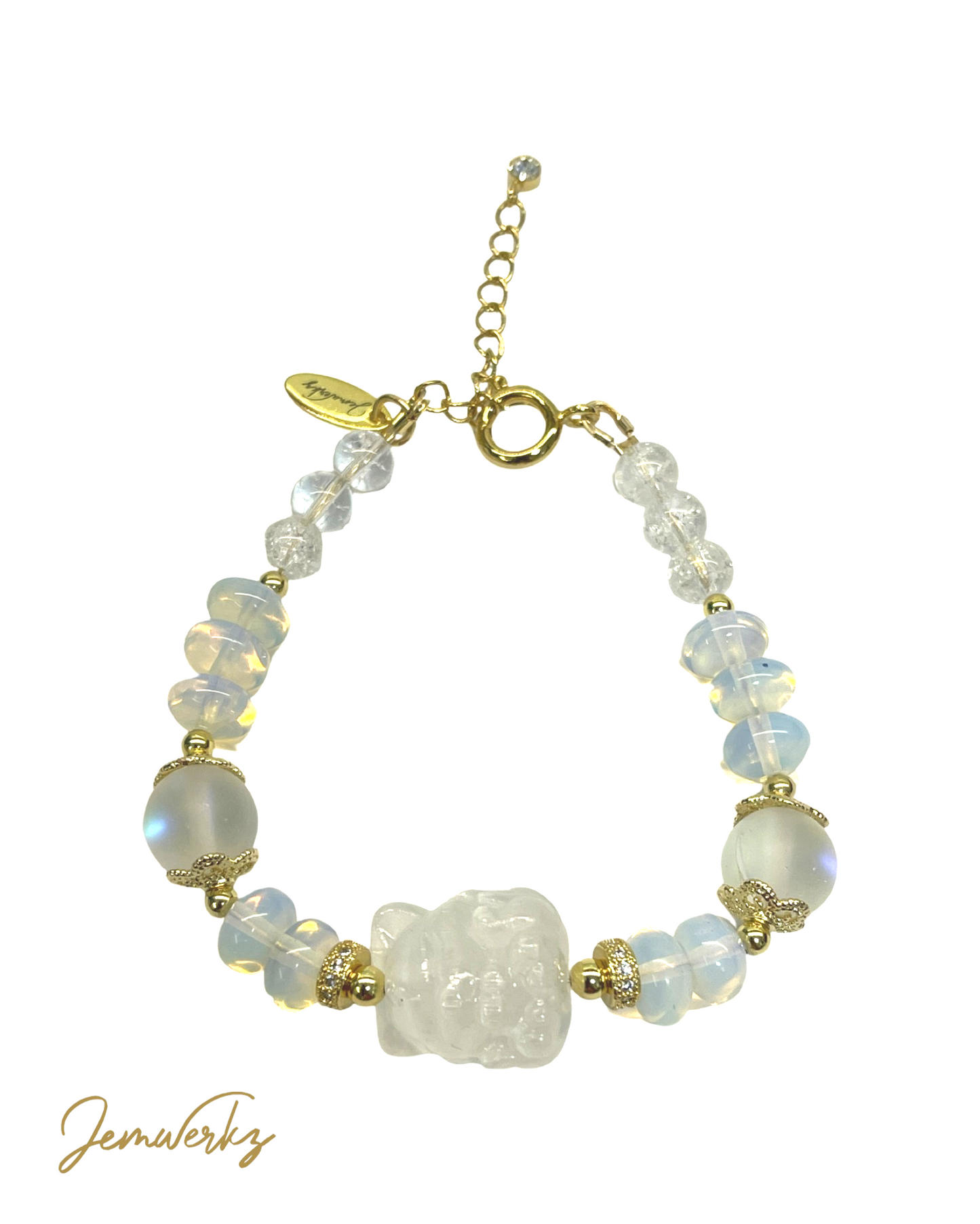 OPHELIA - Selenite Fox, Opalite, Clear Quartz and Aura Beads Bracelet