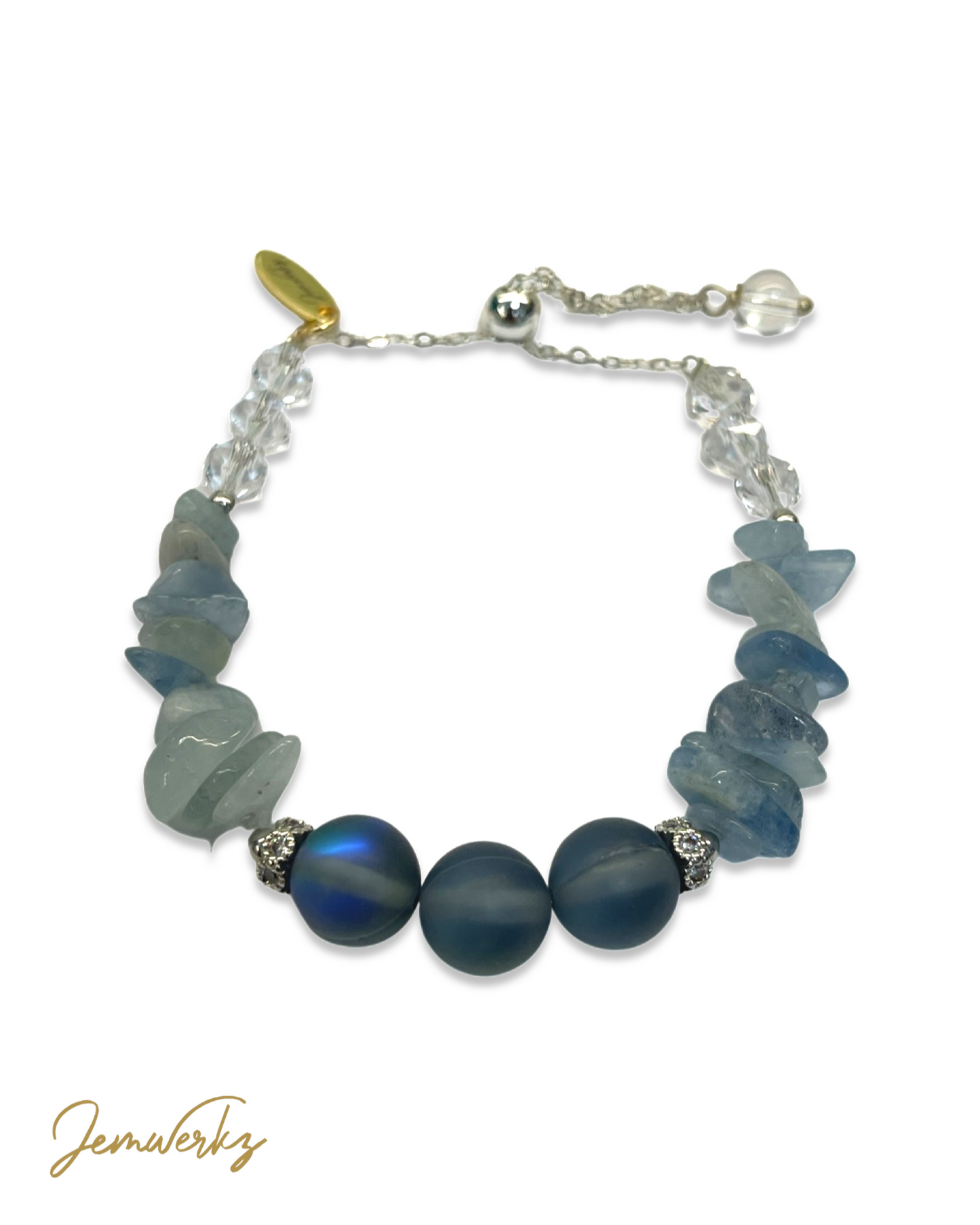 ALYZA 2.0 - Aquamarine Chips, Blue Aura Beads and Clear Quartz Bracelet (Silver)