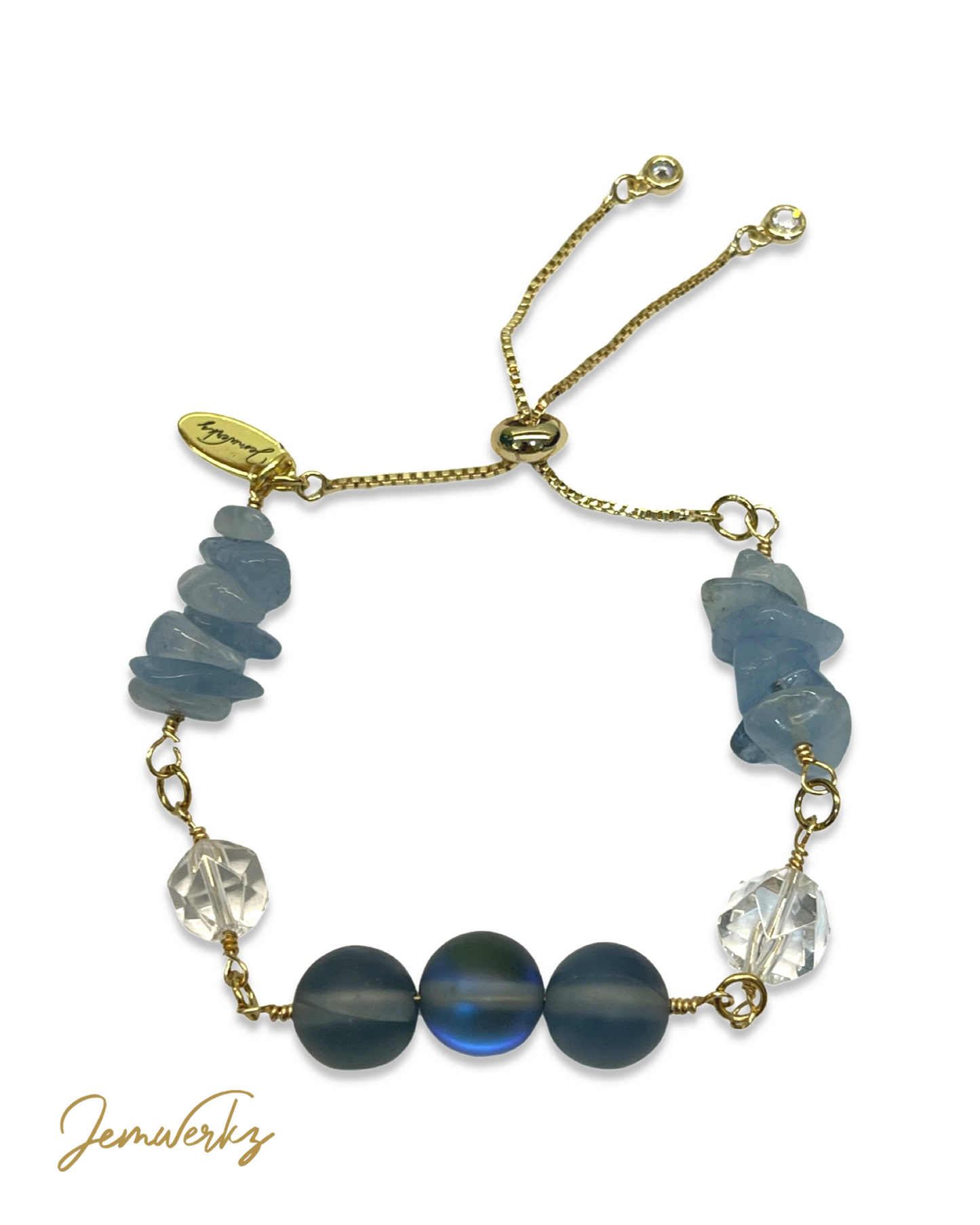 ALYZA 1.0 - Aquamarine Chips, Blue Aura Beads and Clear Quartz Bracelet (Gold)