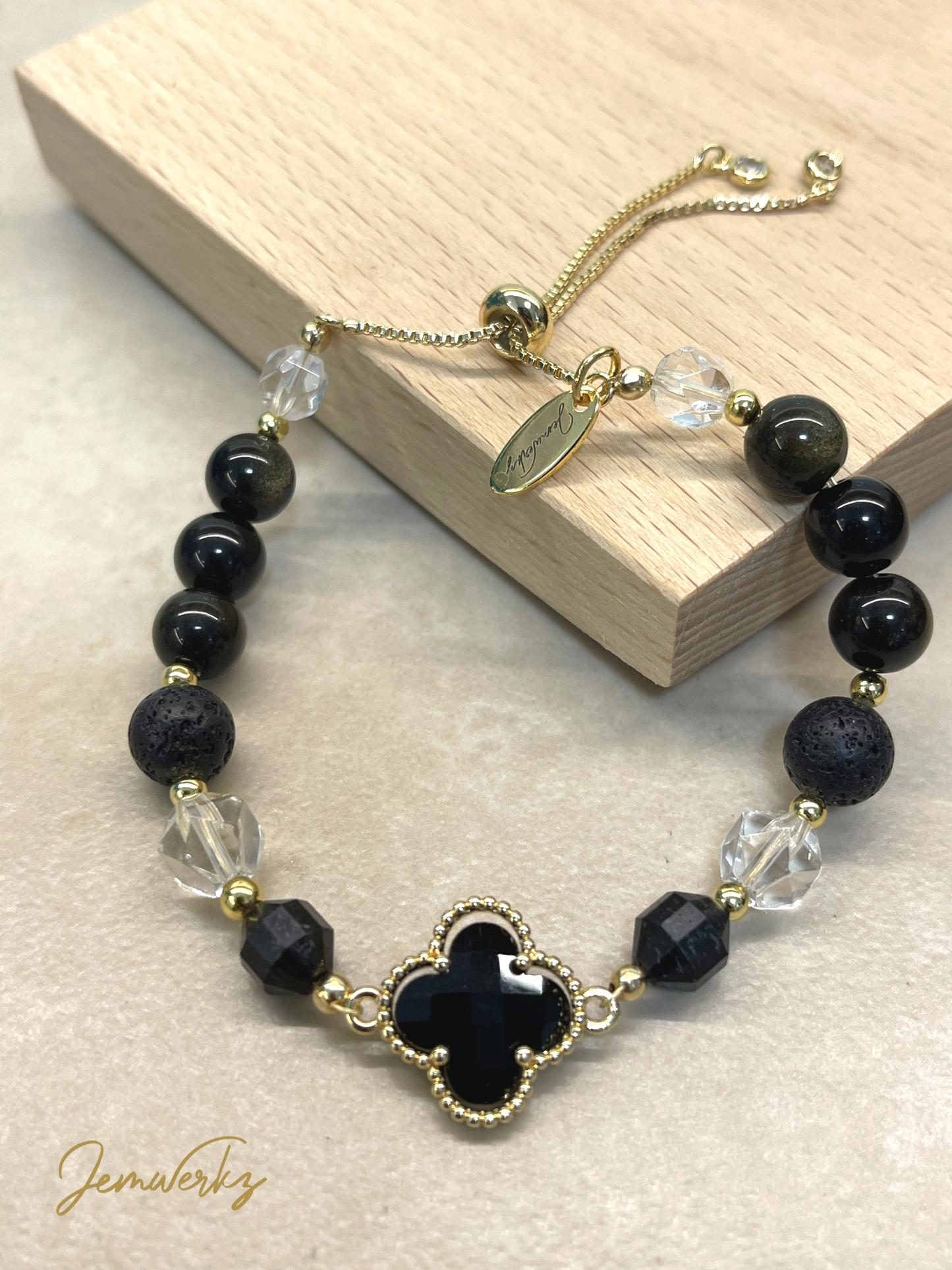 ORION - Black Tourmaline, Lava Stone, Obsidian, Clear Quartz and Black Clover Centrepiece Bracelet