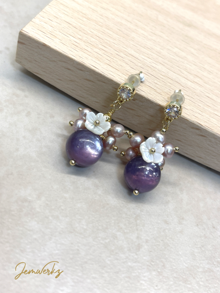 LANELLE - Gem Lepidolite, Freshwater Pearls and Pearl Shell Flower Cluster Earrings