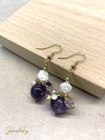 LALANA - Gem Lepidolite, Freshwater Pearls, Clear Quartz and Pearl Shell Flower Earrings