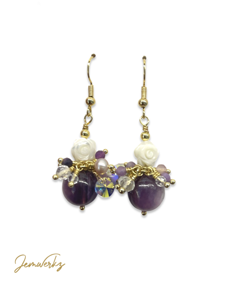 LALANA - Gem Lepidolite, Freshwater Pearls, Clear Quartz and Pearl Shell Flower Earrings
