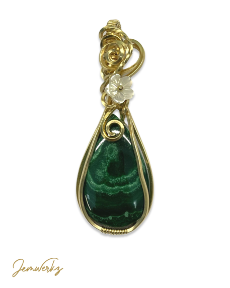 MAELIE - Malachite Wire-Wrapped Pendant with Pearl Shell Flower