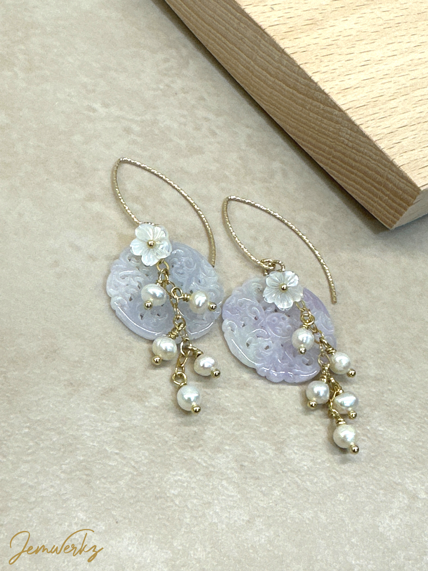 JAEL- Carved Jade with Freshwater Pearls and Pearl Shell Flower Earrings