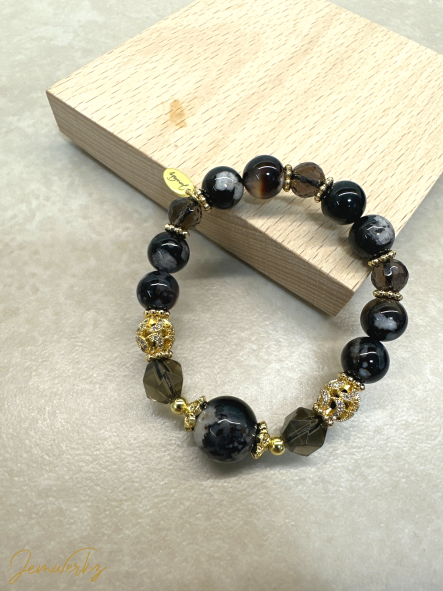 SYBIL - Black Sakura Agate and Faceted Smoky Quartz Bracelet