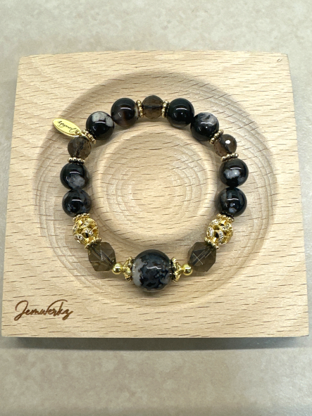 SYBIL - Black Sakura Agate and Faceted Smoky Quartz Bracelet