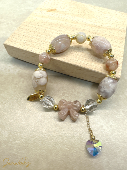 SAGE 1.1 - Sakura Agate Ribbon and Barrel Bracelet with Faceted Clear Quartz and Dangling Heart Charm