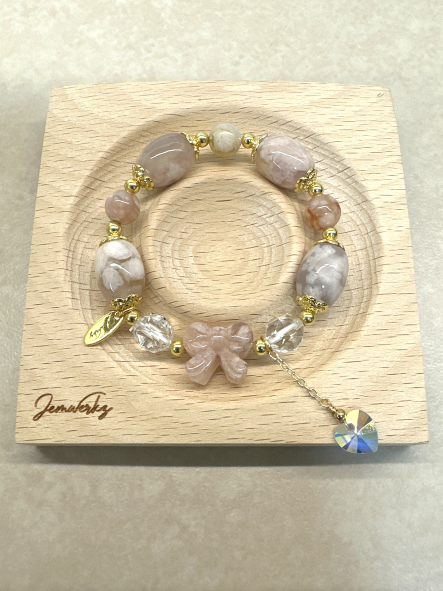 SAGE 1.1 - Sakura Agate Ribbon and Barrel Bracelet with Faceted Clear Quartz and Dangling Heart Charm