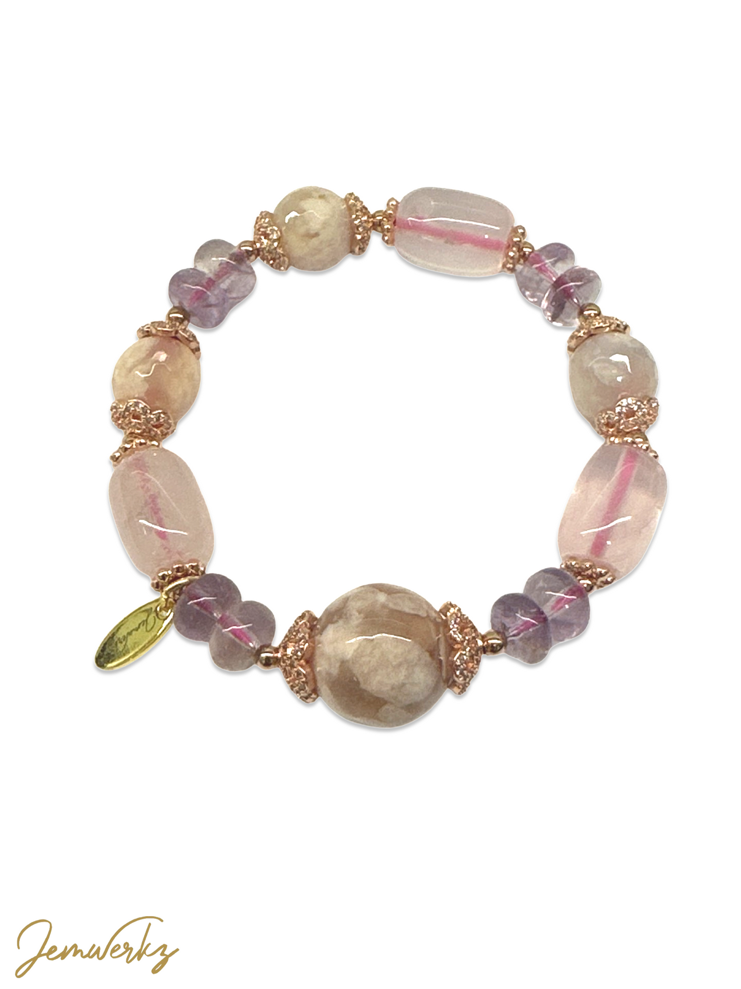SHAWNA - Sakura Agate, Faceted Sakura Agate, Amethyst Rondell and Rose Quartz Barrel Bracelet