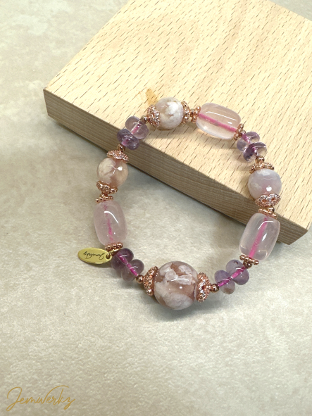 SHAWNA - Sakura Agate, Faceted Sakura Agate, Amethyst Rondell and Rose Quartz Barrel Bracelet