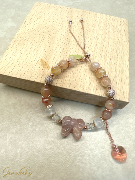 SARI - Sakura Agate Ribbon with Faceted Clear Quartz and Selenite Bracelet