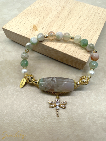 STELLA 1.0 - Green Sakura Agate Barrel Bracelet with Freshwater Pearls and Dragonfly Charm