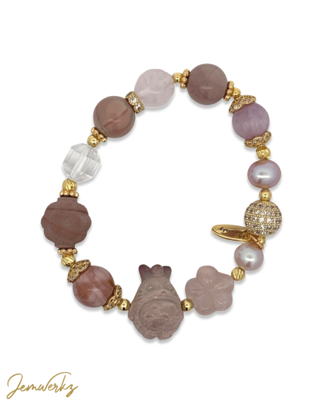 ATSUO 1.1 - Alashan Agate Totoro Bracelet with Rose Quartz, Kunzite, Clear Quartz and Freshwater Pearls (Pink)