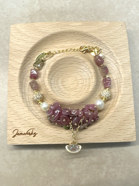 TYNESHA - Pink Tourmaline Chips and Freeform Adjustable Bracelet with Freshwater Pearls and Planet Charm