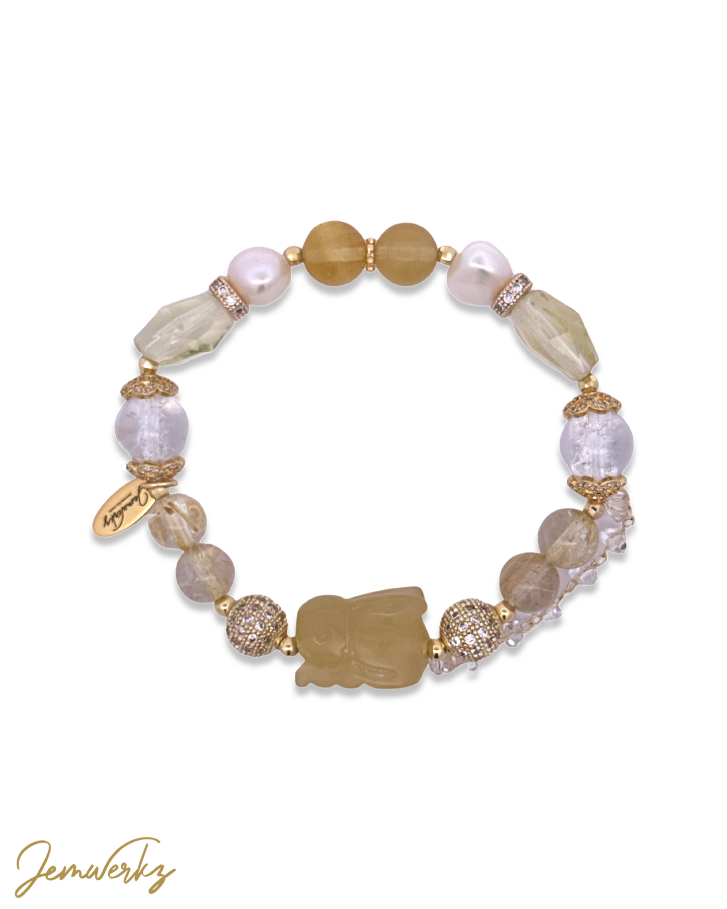 ODETTE - Yellow Opal Bunny Bracelet with Gold Rutile, Faceted Lemon Quartz, Yellow Fluorite, Clear Quartz and Freshwater Pearls