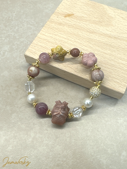 ANJI - Alashan Agate Mermaid Bracelet with Starlight Lavender Rose Quartz, Clear Quartz and Freshwater Pearls (Pink)