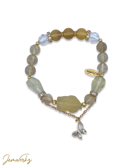 FIIA - Yellow Fluorite Goldfish Bracelet with Gold Rutile, Faceted Lemon Quartz and Clear Quartz with Butterfly Charm