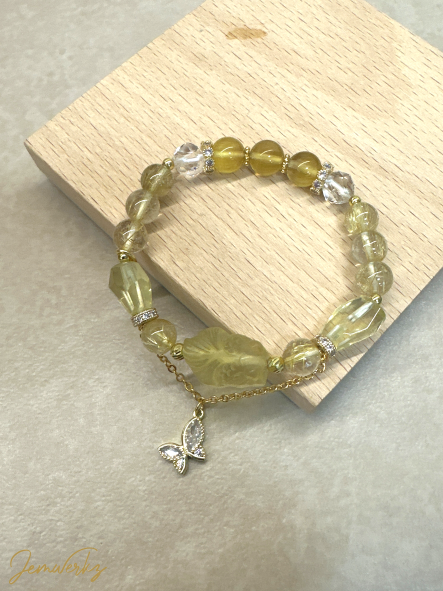 FIIA - Yellow Fluorite Goldfish Bracelet with Gold Rutile, Faceted Lemon Quartz and Clear Quartz with Butterfly Charm