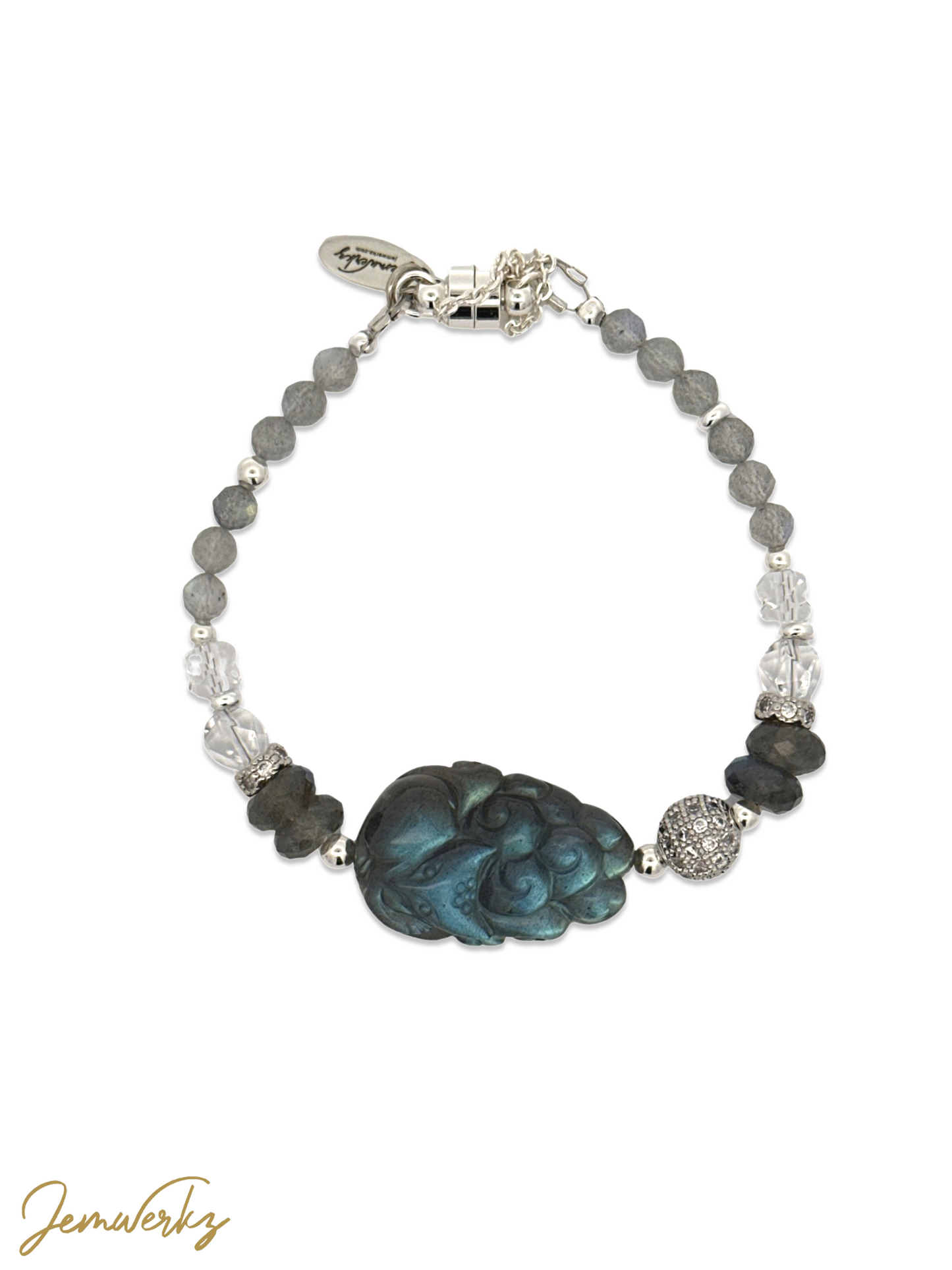 LAVELLE - Labradorite 9-Tailed Fox Bracelet with Faceted Labradorite and Clear Quartz