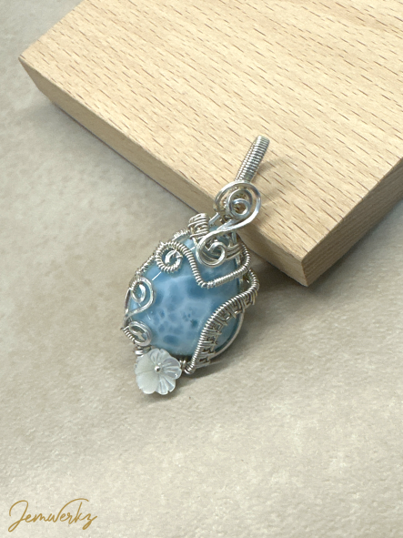 LIZBETH - Larimar Teardrop Wire-wrapped Pendant with Pearl Shell Flower