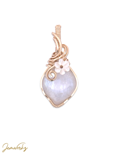 MIYUKI - Moonstone Heart Wire-wrapped Pendant with Pearl Shell Flower