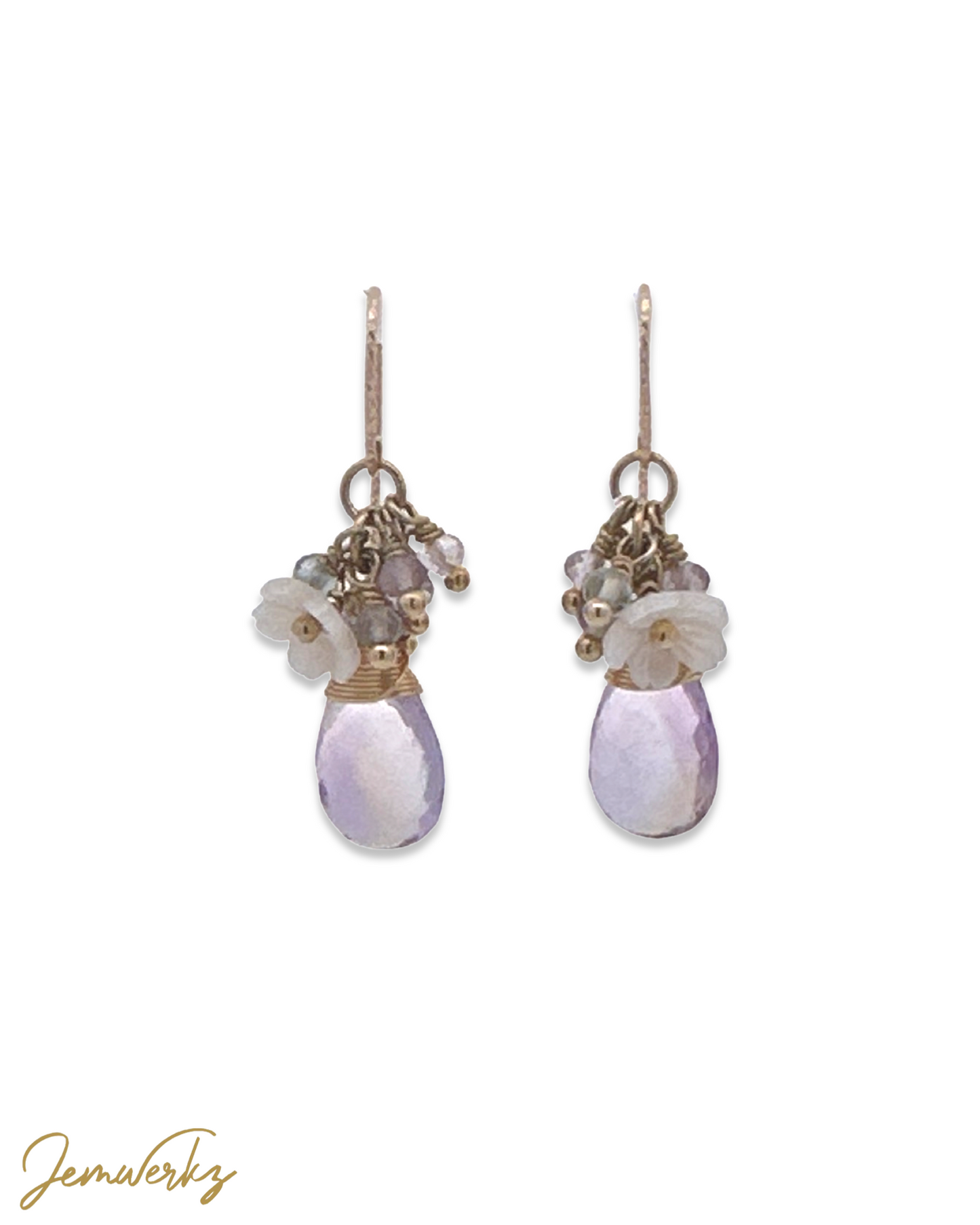 Amalie - Ametrine with Fluorite Cluster and Pearl Shell Flower Earrings