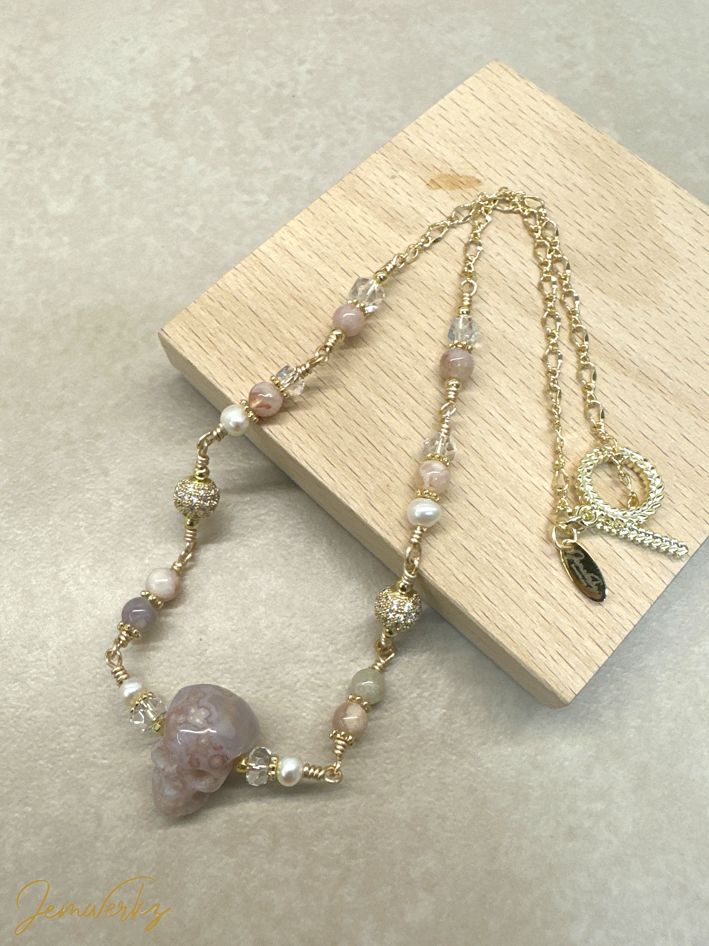SHIORI - Sakura Agate Skull Necklace with Sakura Agate, Freshwater Pearls and Clear Quartz
