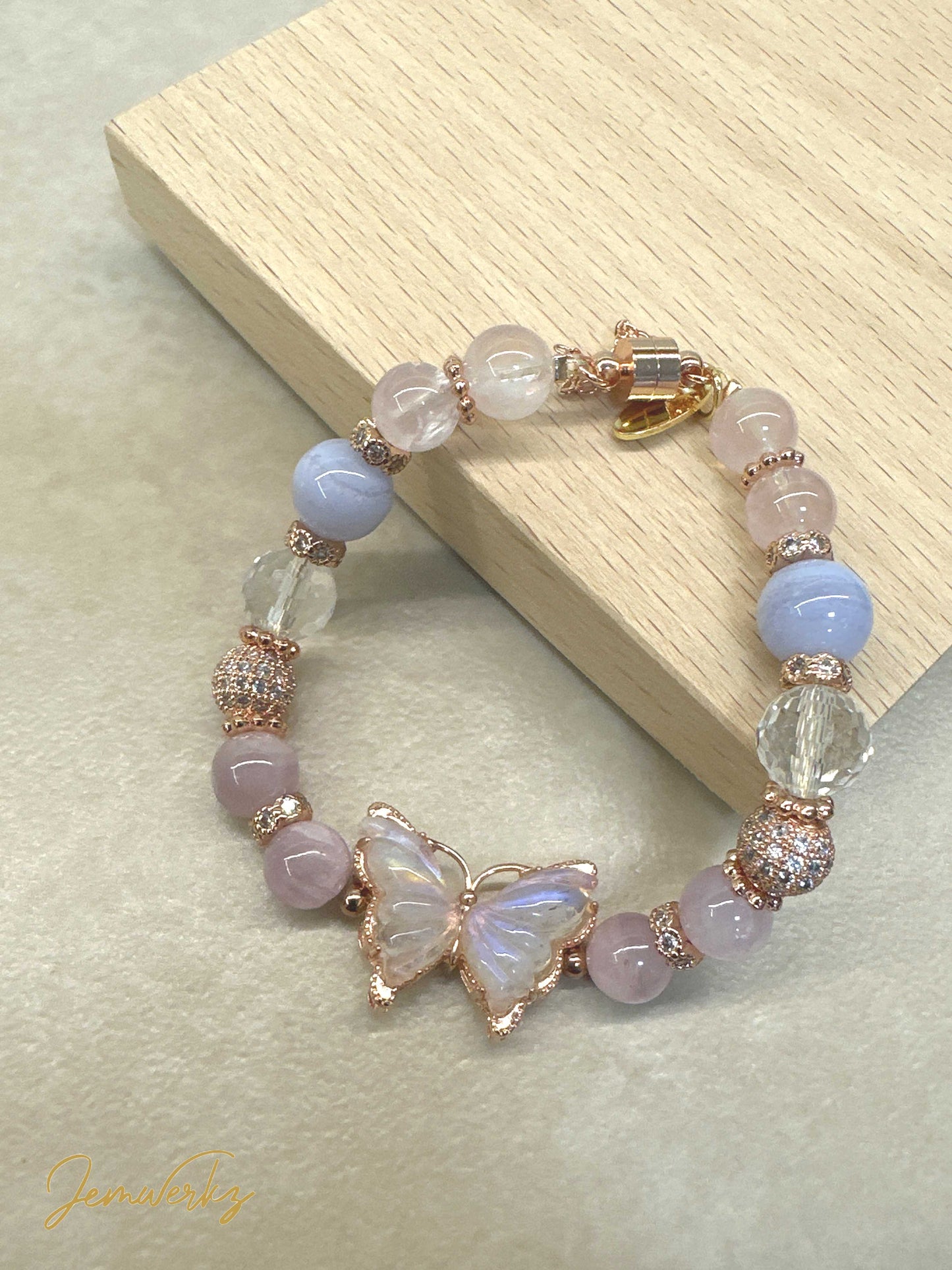 MARIE 1.0 - Moonstone Butterfly with Rose Quartz, Blue Lace Agate and Clear Quartz Bracelet