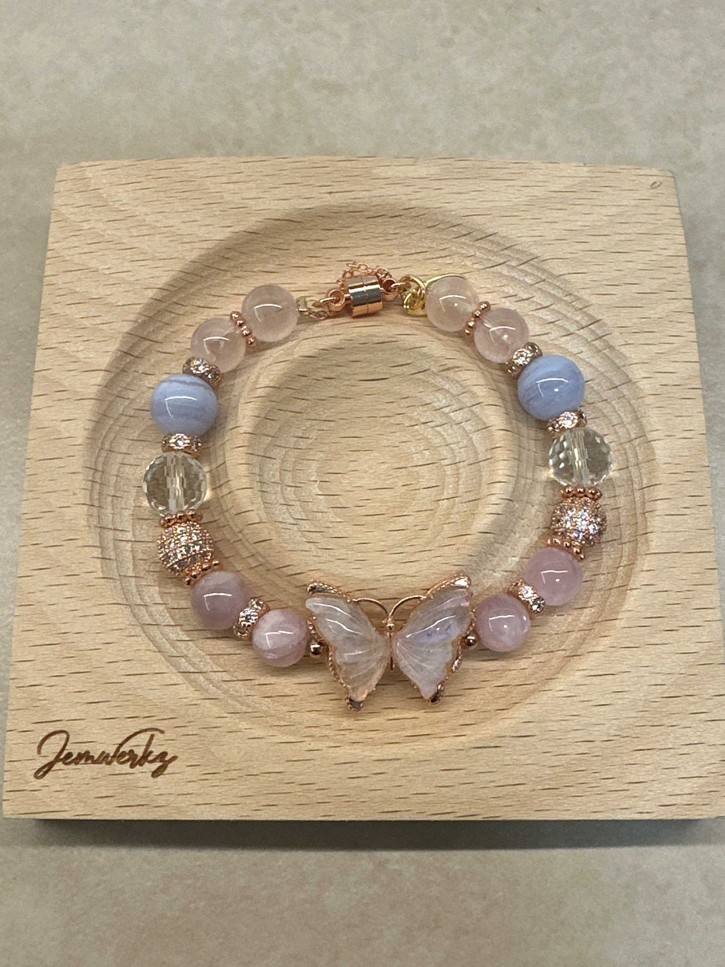 MARIE 1.0 - Moonstone Butterfly with Rose Quartz, Blue Lace Agate and Clear Quartz Bracelet